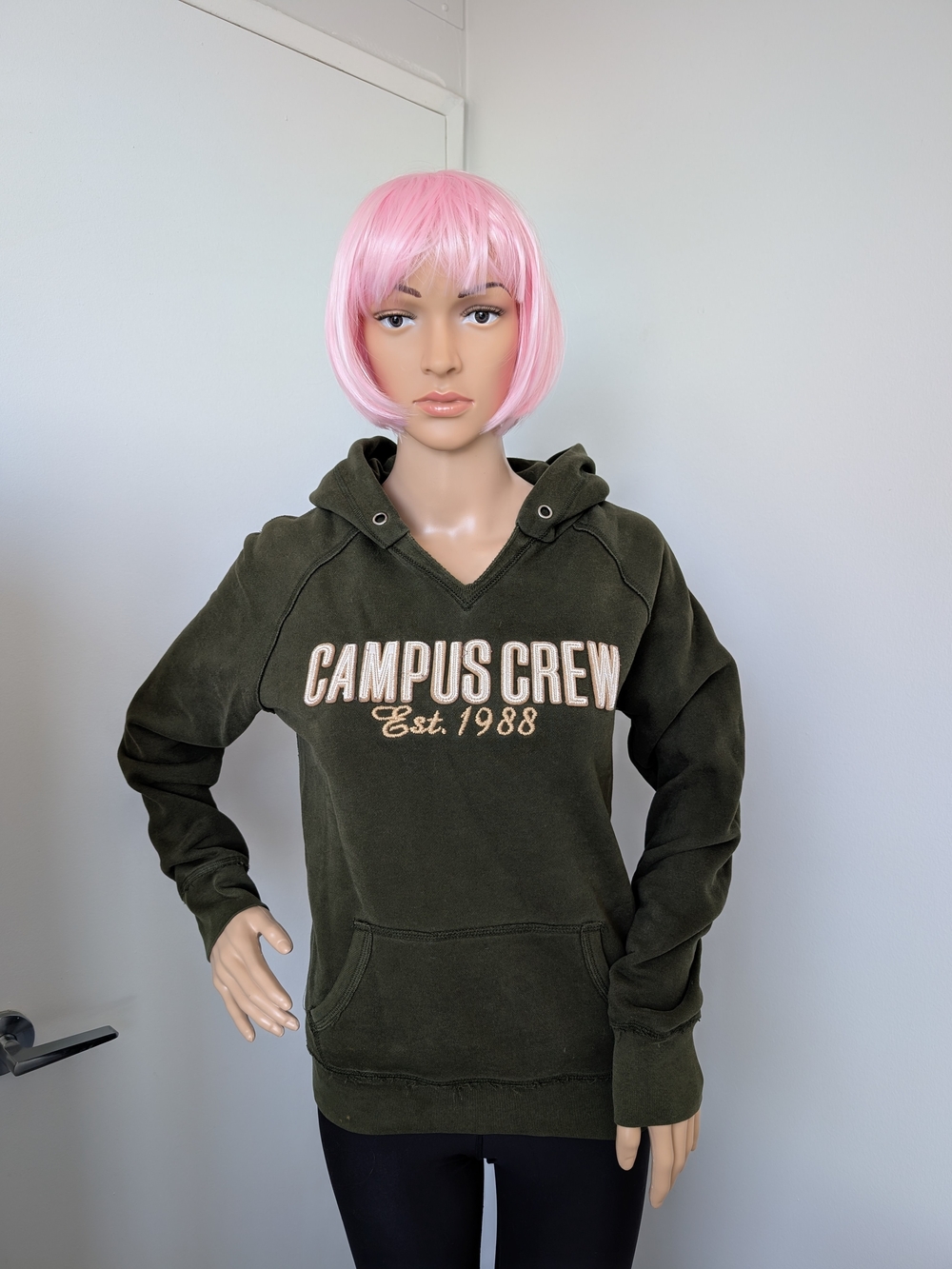Vintage Campus Crew Olive Green Hoodie Sweatshirt